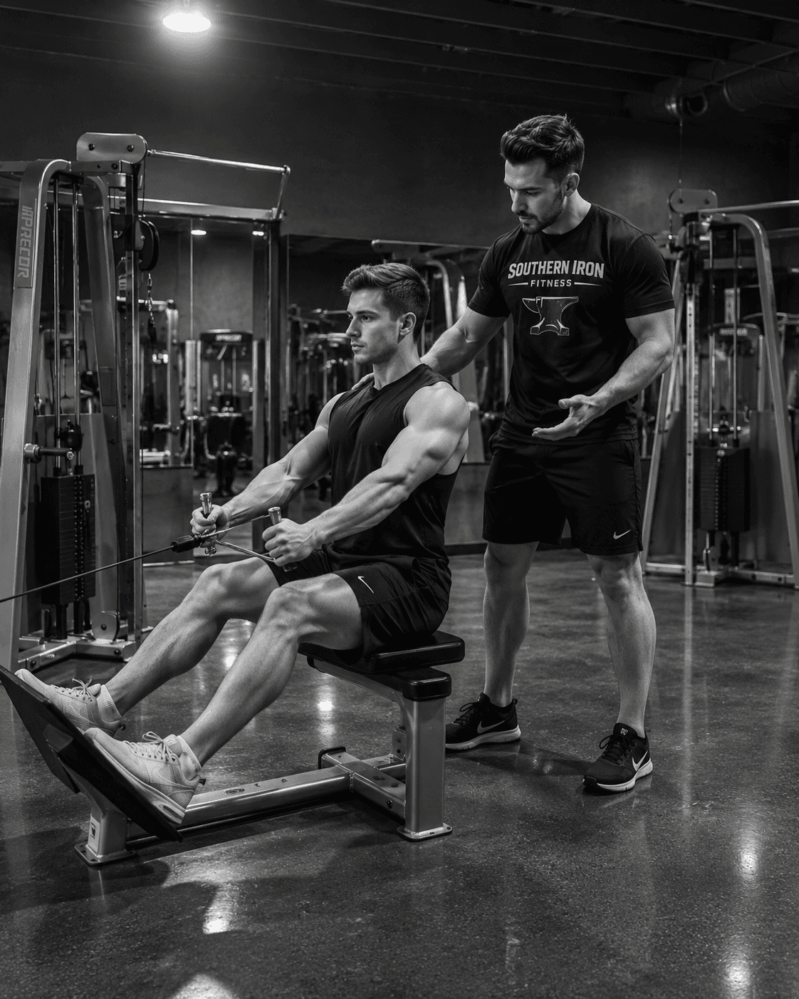 Trainer coaching a member during a cable row at Southern Iron Fitness